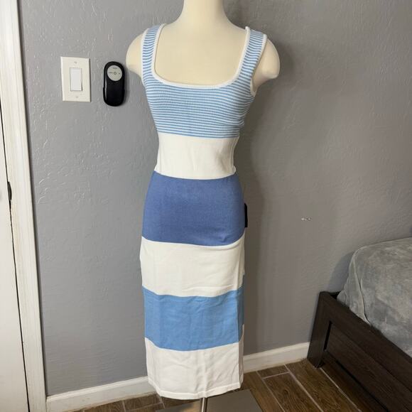 Lulus Easily Gorgeous Ivory and Light Blue Striped Midi Sweater Dress S, 2277116 - Picture 1 of 6